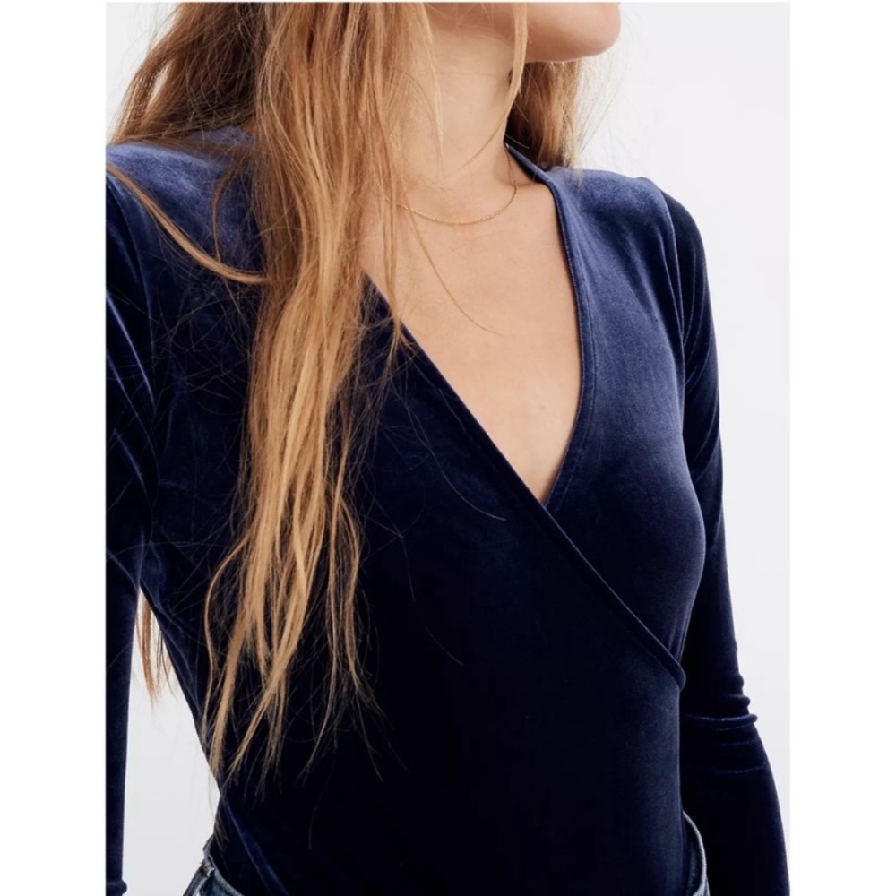 Madewell Navy Blue Velvet Wrap Bodysuit Medium
